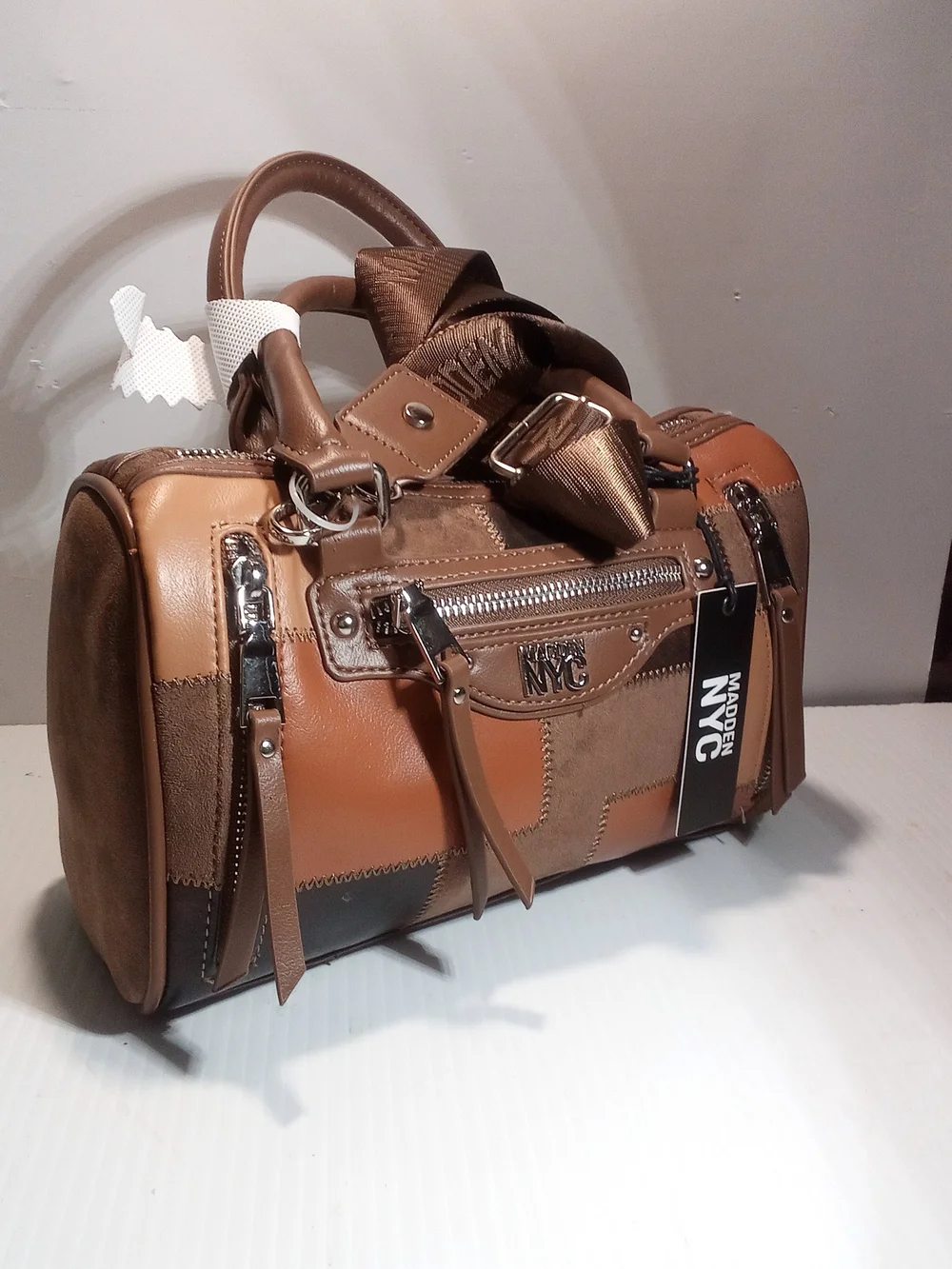 Madden NYC Brown Patchwork Satchel Top Handle, Small, Detachable Strap Zip
